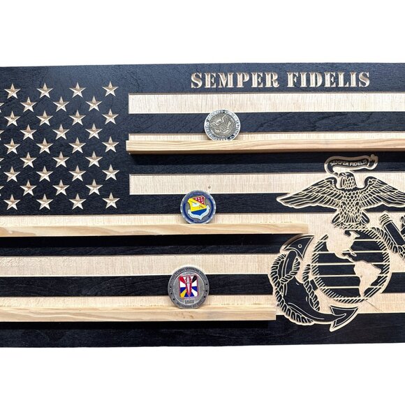 Handcrafted Wooden Marine Corps Challenge Coin Flag Display With Semper Fidelis - Picture 3 of 3
